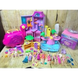 Polly Pocket Flamingo Tiki Pool Fashion Party Pet Vet Salon 70+ pieces